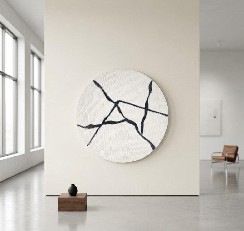 Lunar Veins | Handmade Textured Round Canvas Wall Art | Modern Black & White Abstract Art | Minimalist Sculptural Decor