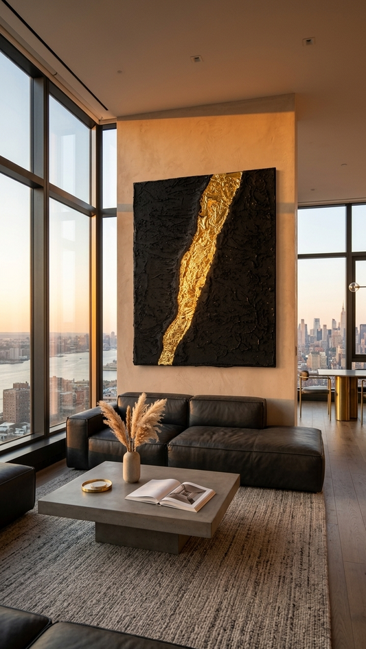 Golden Divide | Handmade Textured Black & Gold Wall Art | Modern Abstract Canvas | Luxury Textured Artwork