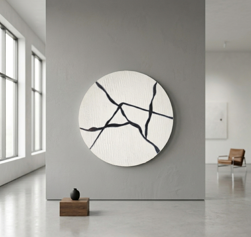 Lunar Veins | Handmade Textured Round Canvas Wall Art | Modern Black & White Abstract Art | Minimalist Sculptural Decor
