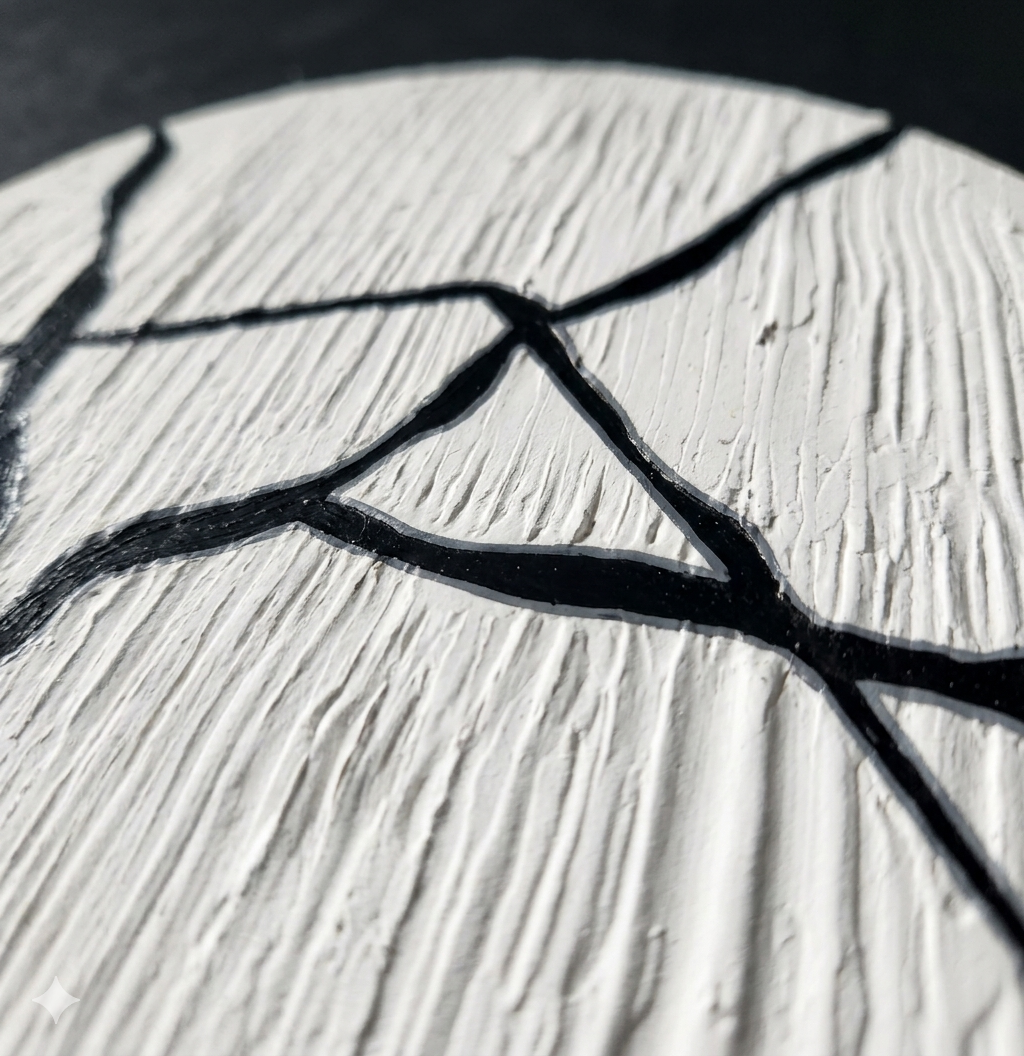 Lunar Veins | Handmade Textured Round Canvas Wall Art | Modern Black & White Abstract Art | Minimalist Sculptural Decor