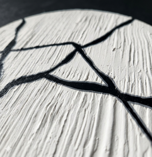 Lunar Veins | Handmade Textured Round Canvas Wall Art | Modern Black & White Abstract Art | Minimalist Sculptural Decor