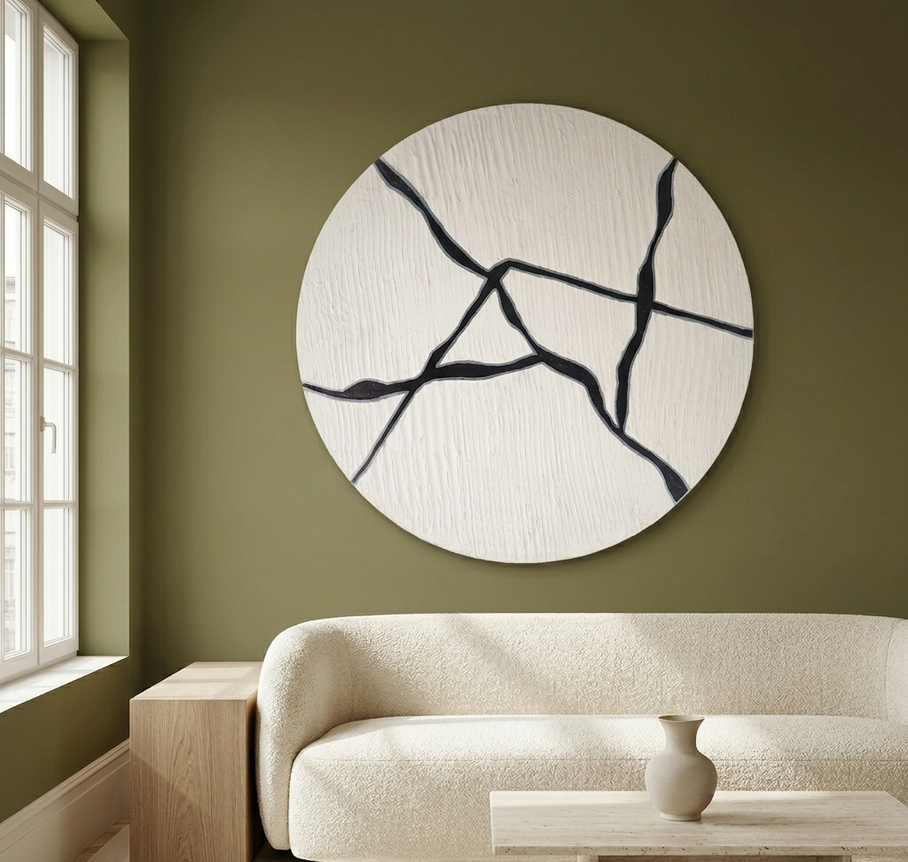 Lunar Veins | Handmade Textured Round Canvas Wall Art | Modern Black & White Abstract Art | Minimalist Sculptural Decor