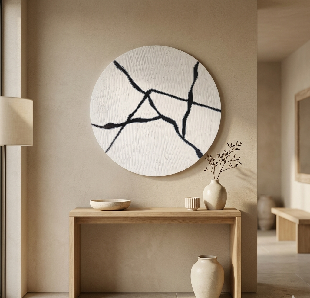 Lunar Veins | Handmade Textured Round Canvas Wall Art | Modern Black & White Abstract Art | Minimalist Sculptural Decor