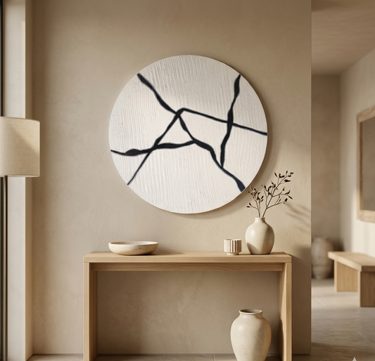 Lunar Veins | Handmade Textured Round Canvas Wall Art | Modern Black & White Abstract Art | Minimalist Sculptural Decor